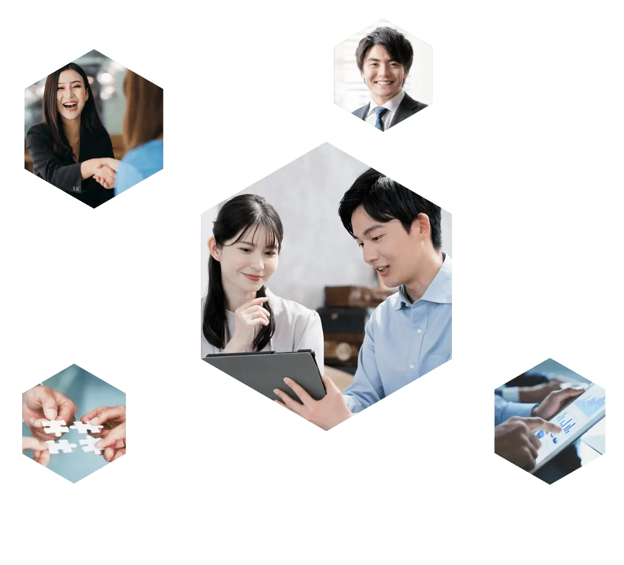 握手をする女性、スーツ姿の男性、タブレットを見ながら相談する男女、パズルピースを組み合わせる手元、書類を確認する様子が配置されている